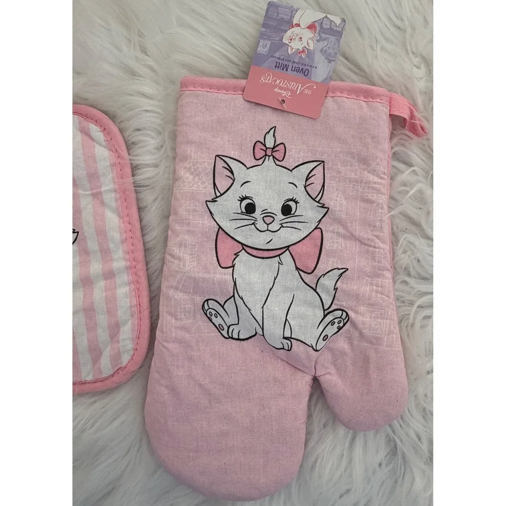 Disney The Aristocats Marie Oven Mitt and Pot Holder Set Pink White Striped NEW